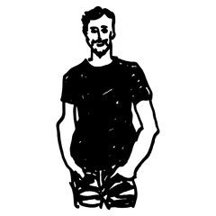 Standing happy young man with hands in his pockets. Portrait of a smiling handsome bearded Caucasian guy. Hand drawn linear doodle rough sketch. Black and white silhouette.