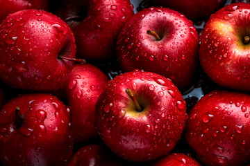 Fototapeta na wymiar Red apples, closeup with top view, Red apple patterns, Top view of bright ripe fragrant red apples with water drops as background