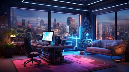 Modern Office Interior with Futuristic Technology and City Skyline View at Night