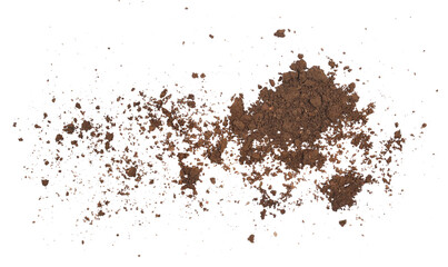 Pile of soil, dirt scattered isolated on white background and texture, top view
