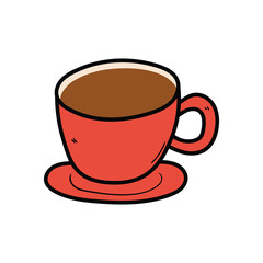 A hand-drawn cartoon doodle of a coffee cup with a saucer on a white background.