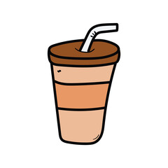 Hand-drawn cartoon doodle paper cup of coffee with a straw on a white background.