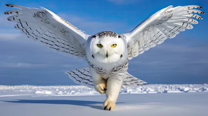 Photo sur Plexiglas Harfang des neiges A snowy owl gracefully gliding over a frozen tundra