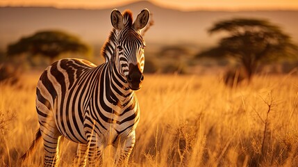Naklejka premium A zebra grazing in the golden light of the African savannah
