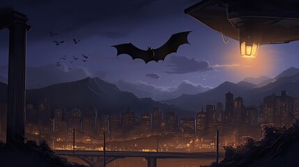 A bat in mid-flight capturing an insect in the glow of a streetlamp in an urban environment