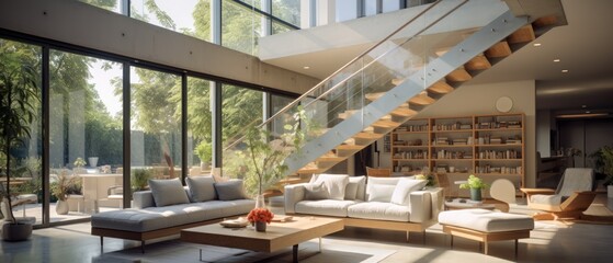 Modern living room with sofa and coffee table, panoramic view. Interior design of modern two story living room.