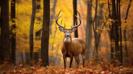 A buck with a magnificent rack of antlers framed against the backdrop of a golden autumn forest