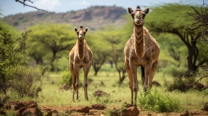 Naklejka na ściany i meble A pair of camels peacefully grazing in the lush oasis of an African savannah