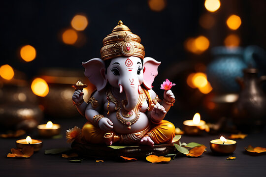 Vibrant Lord Ganesha Statue, AI-Crafted Art for Ganesh Chaturthi, Ganesh Utsav & Vinayagar Chaturthi Festivals - Celebrating Indian Culture, Honoring Ganpati Bappa