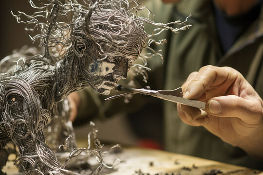 An artist using pliers to shape wire sculptures.
