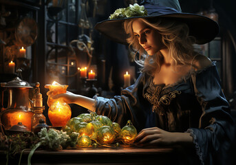 Portrait of a witch with an evil look preparing magic potions. AI generated - obrazy, fototapety, plakaty