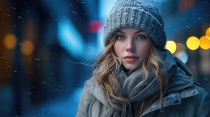 Woman in a parka hat and scarf frozen from the cold