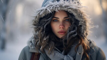 Woman in a parka hat and scarf frozen from the cold - obrazy, fototapety, plakaty