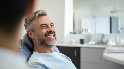 smiling adult man sitting in dentist chair. - obrazy, fototapety, plakaty