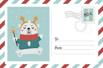 Christmas postcard banner with cute white bear.