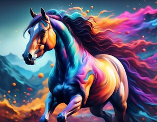 Obraz na płótnie Canvas Colorful Horse in the sky | Horse Running Blue Background | High Quality Abstract Colorful Horse Background | Colorful Painting Style | Multicolor
