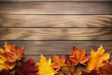 Naklejka na ściany i meble Maple yellow leaves wooden fall autumnal textured seasonal red background nature wood