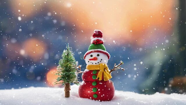 little snowman and Christmas tree on the snow with Christmas decoration and lightning in the winter. Winter holiday background. snowman with hat and scarf. snowy landscape in the forest 4K loop