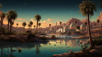 Oasis a fertile spot in a desert, where water is found with palm trees, nature concept - obrazy, fototapety, plakaty