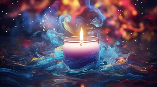  a lit candle sitting in the middle of a body of water with colorful swirls and stars in the background.