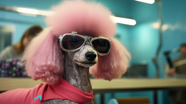 A pink poodle dog getting a stylish haircut at a doggy salon