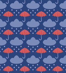 Cute umbrellas,  clouds and rain drops seamless pattern.  Abstract autumn weather elements 
background. Vector design for child clothes, textile, interrior print, invitation, wallpaper, etc.

