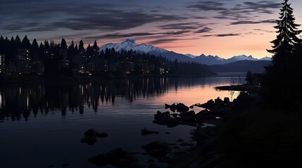 Fototapeta premium A winter cityscape at dusk with the city lights reflecting ,Winter Landscape,Panaromic Image