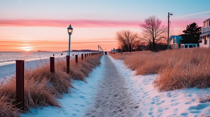 A winter morning at a beach with crashing waves and icy ,Winter Landscape,Panaromic Image