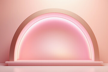 Blush pink futuristic round arch on the pastel gradient background. Atmospheric escapism arch for showcase and display products. Minimalist construction.
