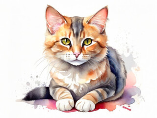 Cute cat illustration. Creative animal portrait. Watercolor painting.