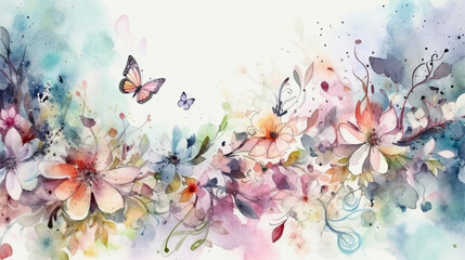 watercolor background with flowers, butterflies, generative AI