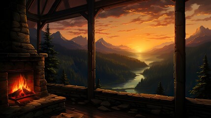 A winter morning in a cozy cabin with sunlight streaming ,Winter Landscape,Panaromic Image
