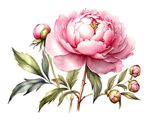 Peony flower with buds. Spring pink flowers. Collection of realistic botanical elements on a white background.