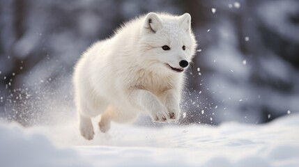 Obraz premium Arctic fox jumping in snow at winter