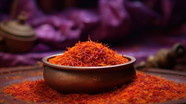  a bowl filled with saffroni on top of a purple cloth covered table next to a vase of flowers.