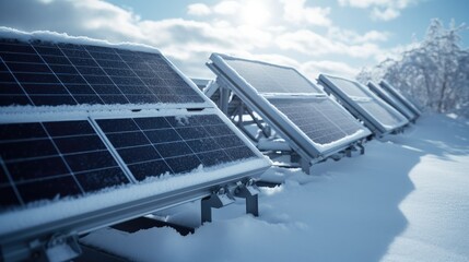 Snow covered solar panels - obrazy, fototapety, plakaty