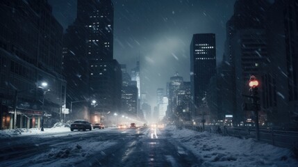 Snow storm in the city - obrazy, fototapety, plakaty