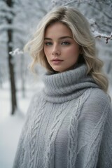 Portrait of a girl in winter in a warm woolen pullover in gray. woolen izvelia