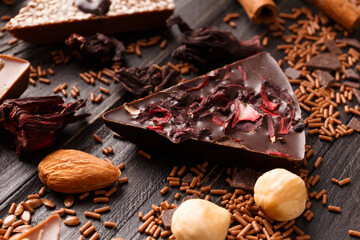 Chocolate pizza on ? wooden background