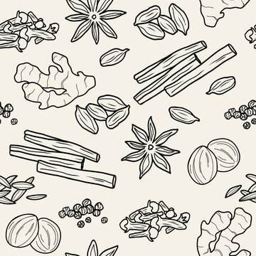 Line art masala tea spices seamless pattern