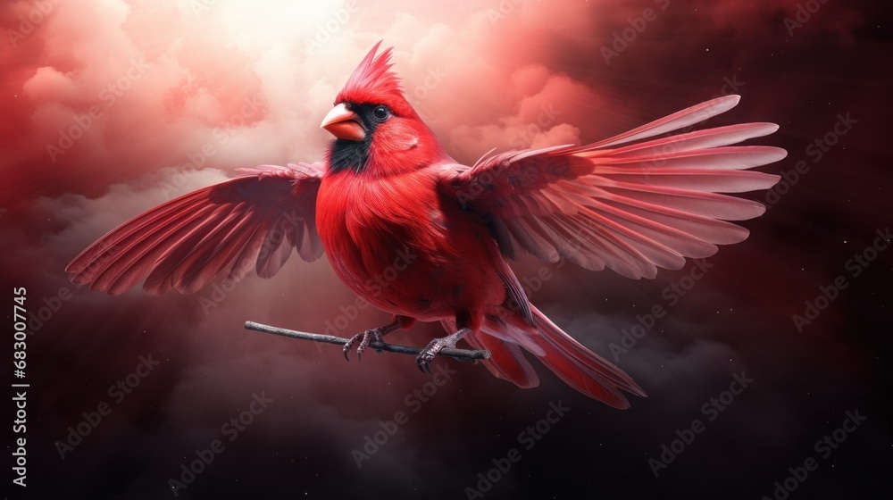 Sticker  a red bird sitting on top of a branch with its wings spread in front of a dark sky filled with clouds.