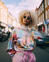 Obraz premium Fashion forward young woman sporting sunglasses and a colorful top against an urban backdrop