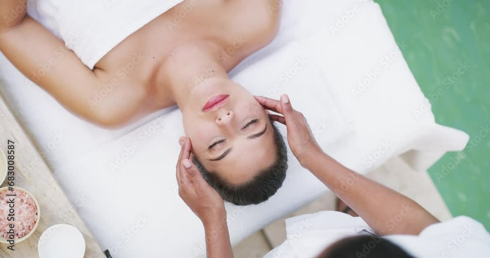 Sticker Spa, hands or woman with facial treatment for wellness, relax and massage with cosmetic and peace. Skincare, person or beauty therapist for luxury, health and skin with masseuse for pamper by pool