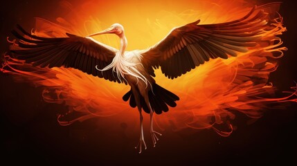  a painting of a large bird with its wings spread out in front of a bright orange and black background with swirls of smoke.