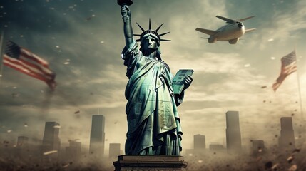 Statue of liberty with flying plane in the background. Independence Day. July 4 Concept. Patriotism Concept. USA Flag. - obrazy, fototapety, plakaty