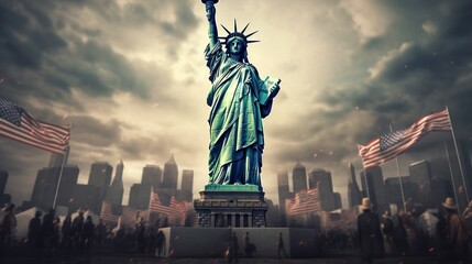 Statue of Liberty and skyline. Independence Day. July 4 Concept. Patriotism Concept. USA Flag.
