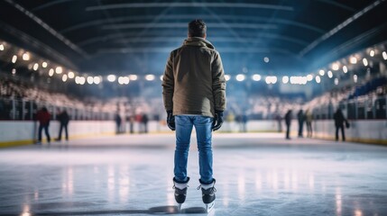 Fototapeta premium Back view of a man ice skating on an ice rink in winter