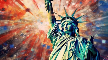 The Statue of Liberty in  USA. Independence Day. July 4 Concept. Patriotism Concept. USA Flag.