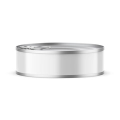 Round metal tin can for canned food, meat or fish isolated on white background. Mockup of blank aluminum container with ring pull on lid and white label, 3d illustration