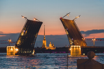 Fototapeta na wymiar Open Palace bridge at white night. Saint Petersburg. Russia